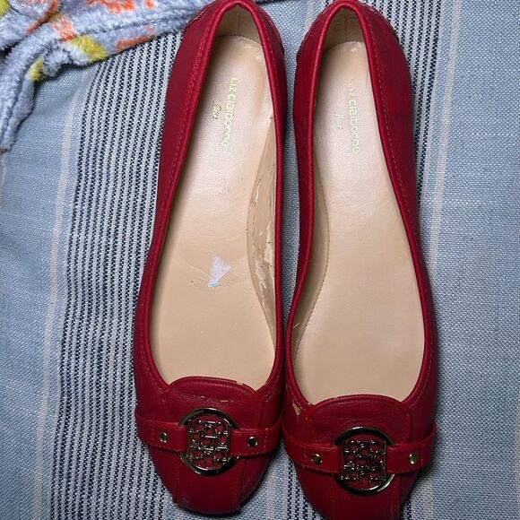 Liz Claiborne Shoes - Liz Claiborne Red Leather Driver Flats Gold Logo Medallion Size 9M